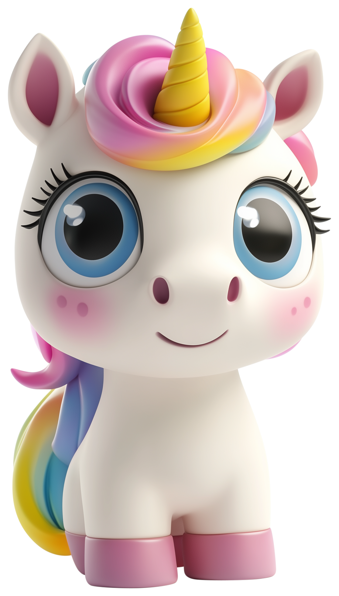 Cute cartoon unicorn sticker with big eyes, rainbow mane, and yellow horn