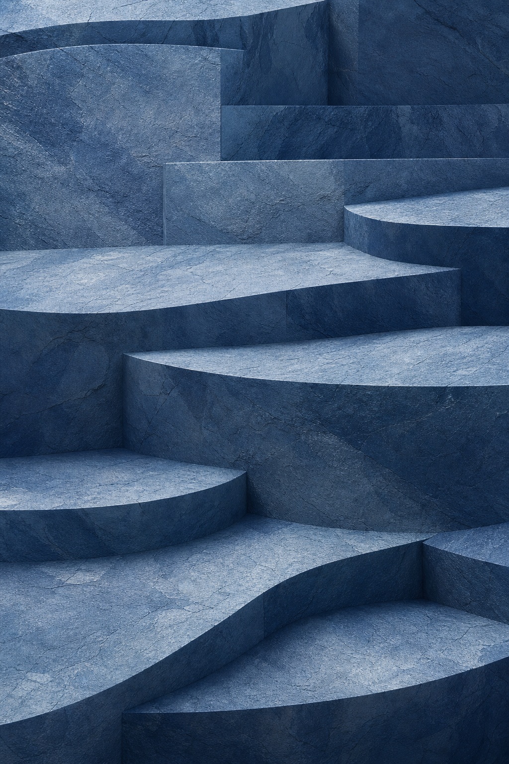 Blue layered stone-like abstract terraces with soft shadows and geometric shapes