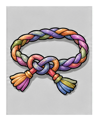 Colorful interwoven friendship knot with tassel ends on a dark background
