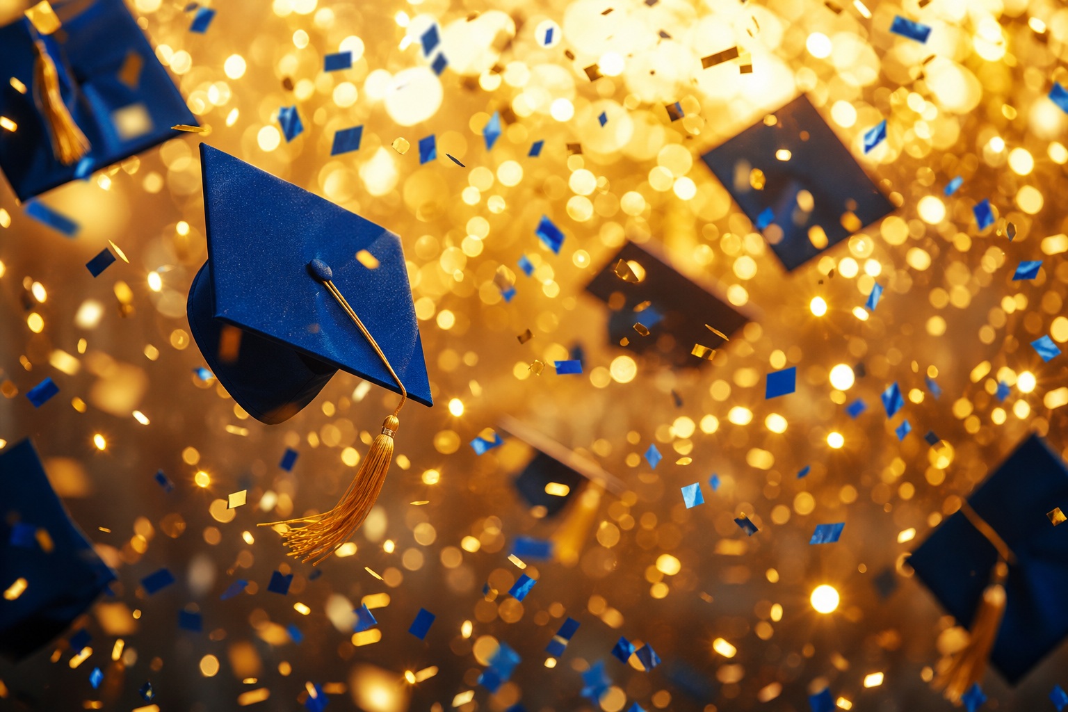 Blue graduation caps over a gold bokeh and confetti background