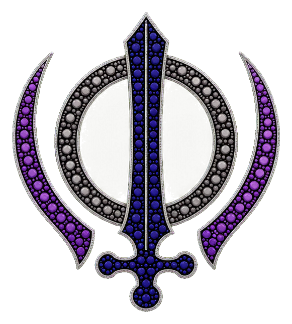 Decorative khanda symbol with jeweled purple and blue accents on a circular background