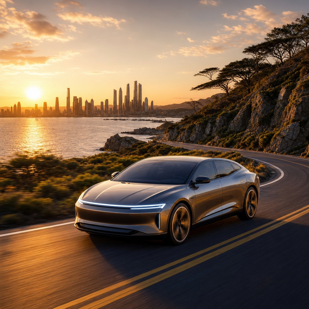 Preview for Electric Sedan Golden Hour Stock Background