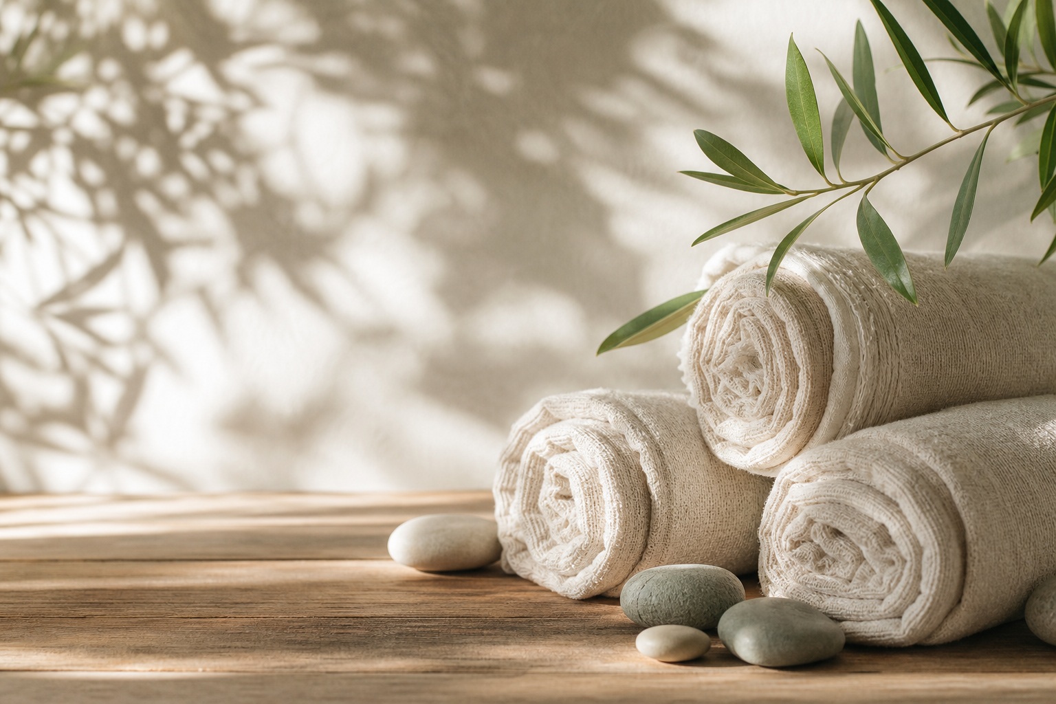 Rolled linen towels with smooth stones and leafy shadows in soft natural light