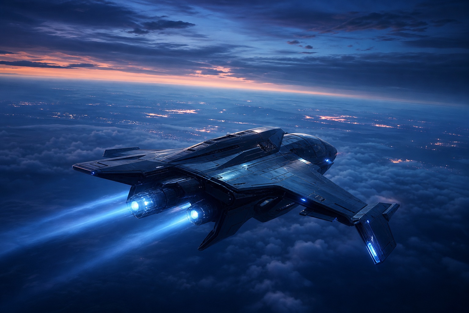 Futuristic spacecraft flying above clouds at blue hour with glowing blue engines.