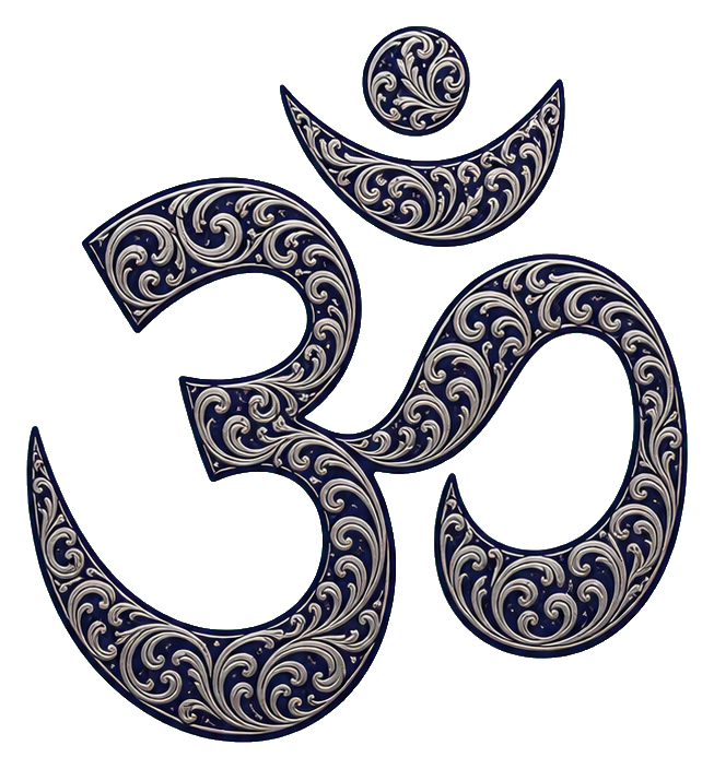 Silver filigree Om symbol with ornate curved decorative patterns