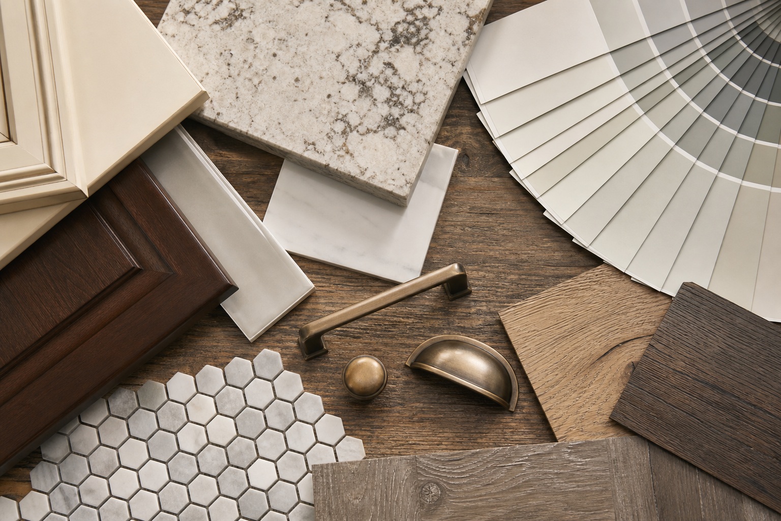 Assorted home renovation material samples including tile, wood, and countertop textures.