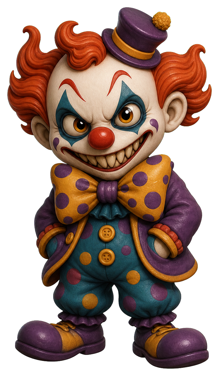 Cartoon evil clown with red hair, purple outfit, and a sinister grin