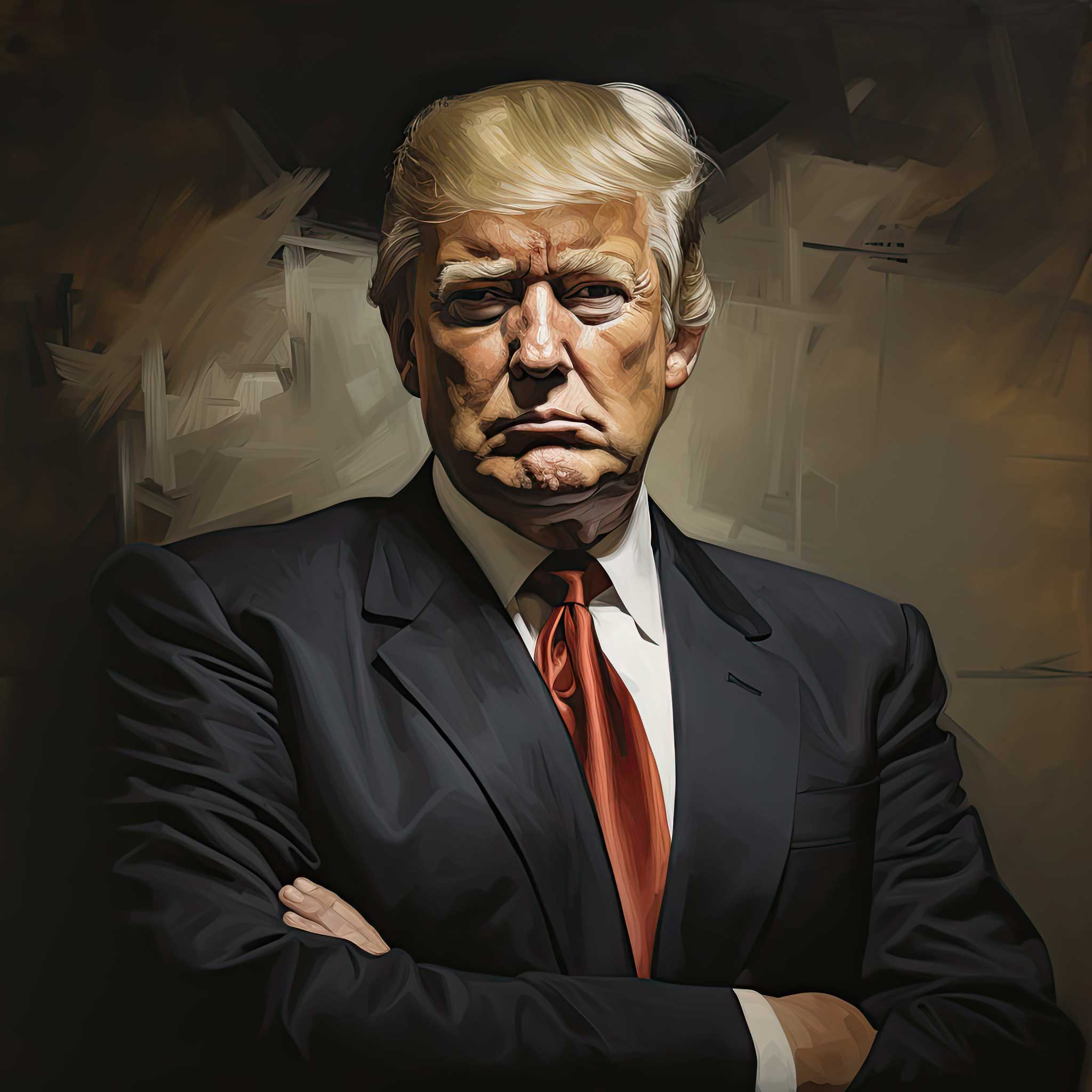 Stylized portrait of Donald Trump in a dark suit with arms crossed against a painterly background.