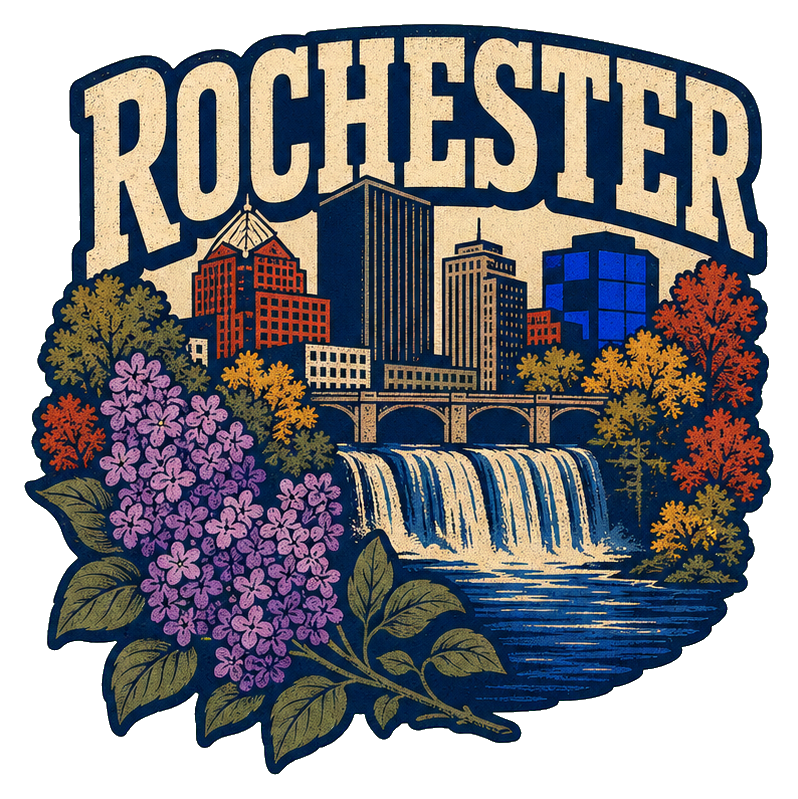 Retro Rochester text above lilac flowers, skyline, and a waterfall illustration.