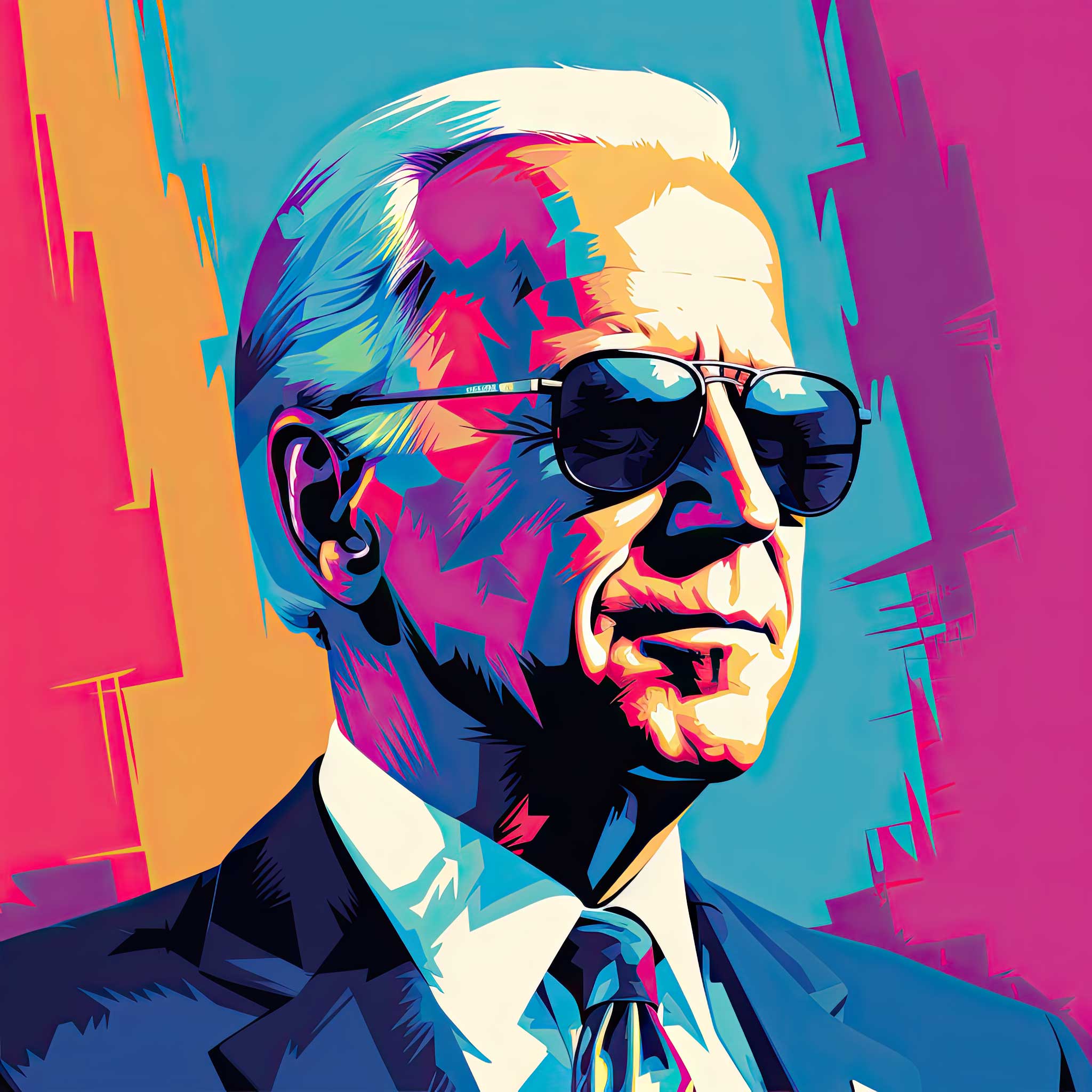 Stylized colorful portrait of Joe Biden wearing sunglasses and a suit.