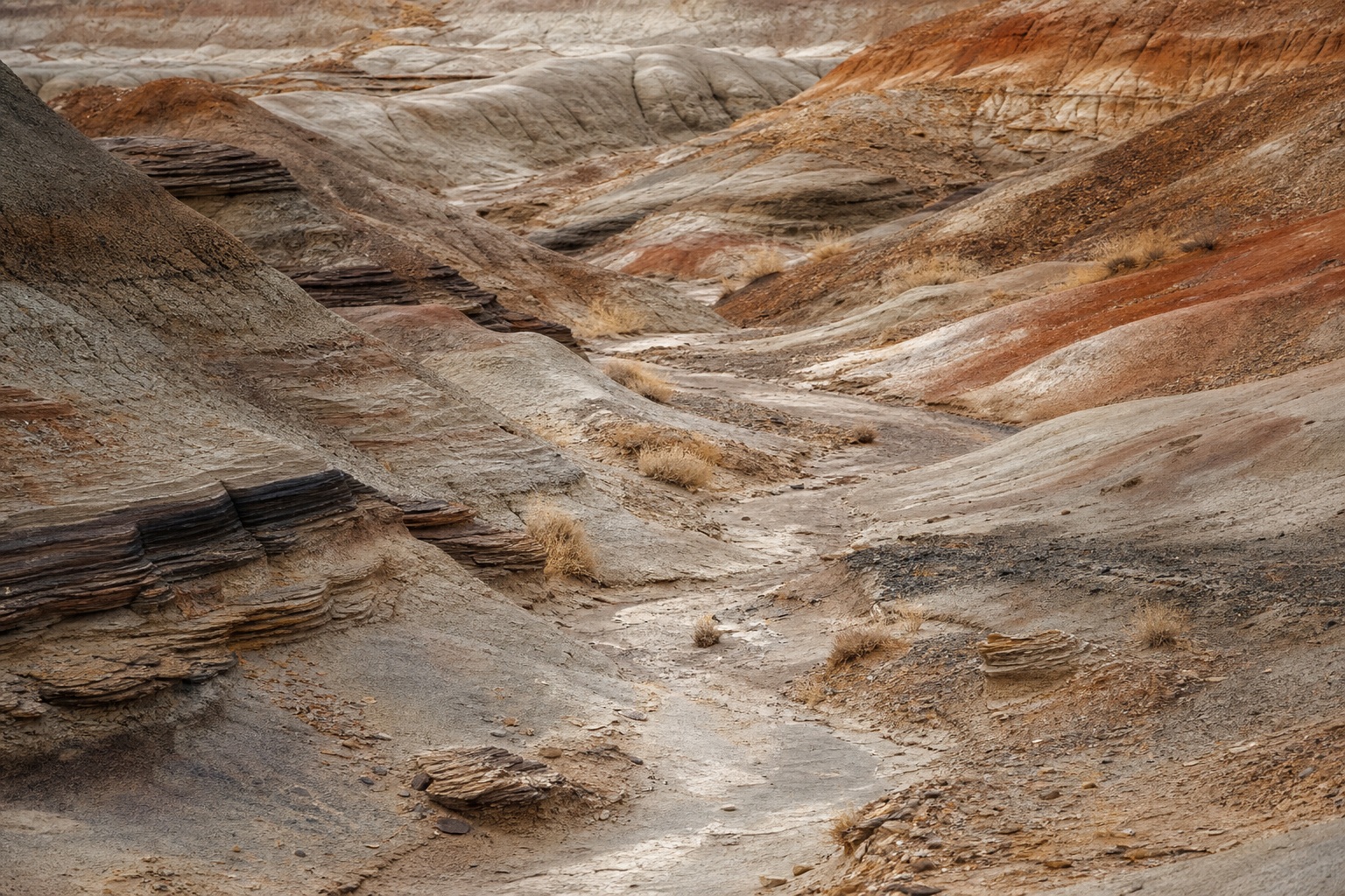 Layered desert badlands canyon floor with eroded ridges under clear daylight