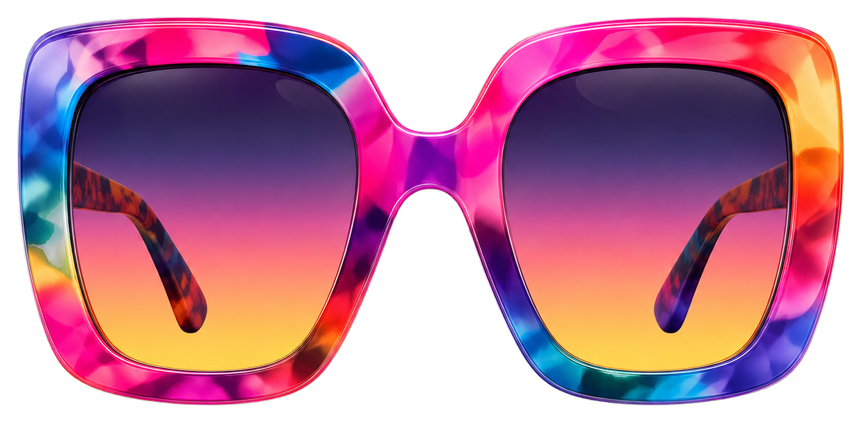 Colorful oversized sunglasses with pink, orange, blue, and purple gradient frames and dark lenses.