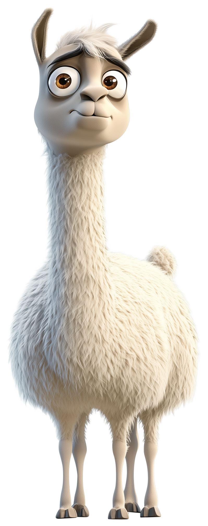 Cute fluffy llama with big eyes and a cartoon 3D sticker look.