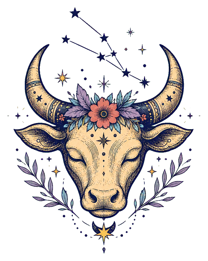 Illustrated bull head with crescent moon horns, stars, and a floral accent
