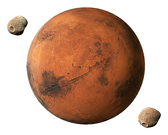 Mars with two small moons on a transparent sticker graphic