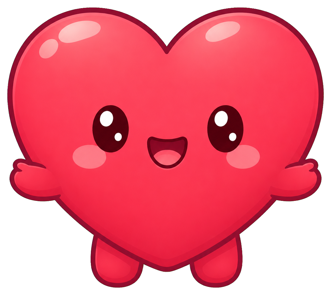 Cute red smiling heart character with small arms, legs, and rosy cheeks