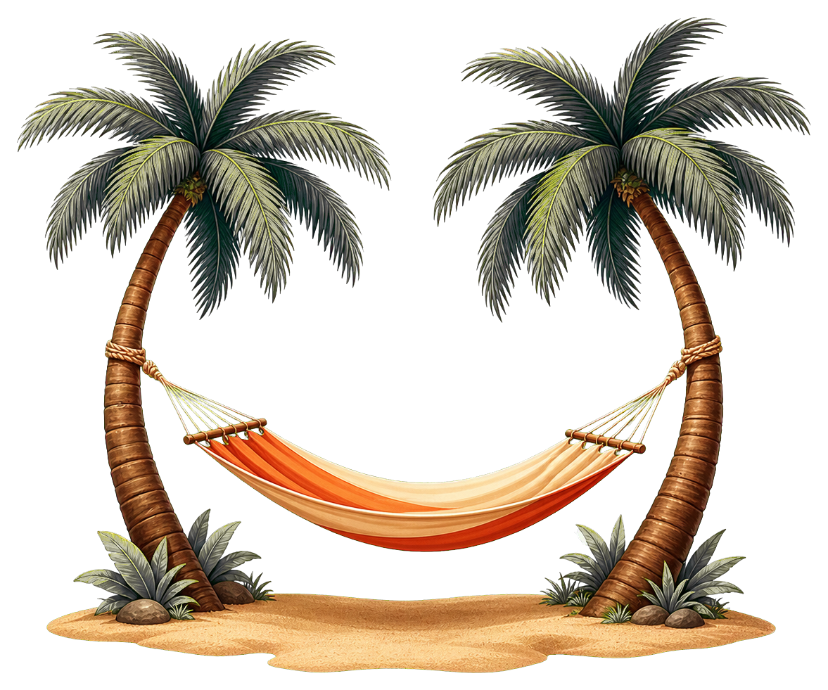 Tropical hammock hanging between two palm trees on a sandy island
