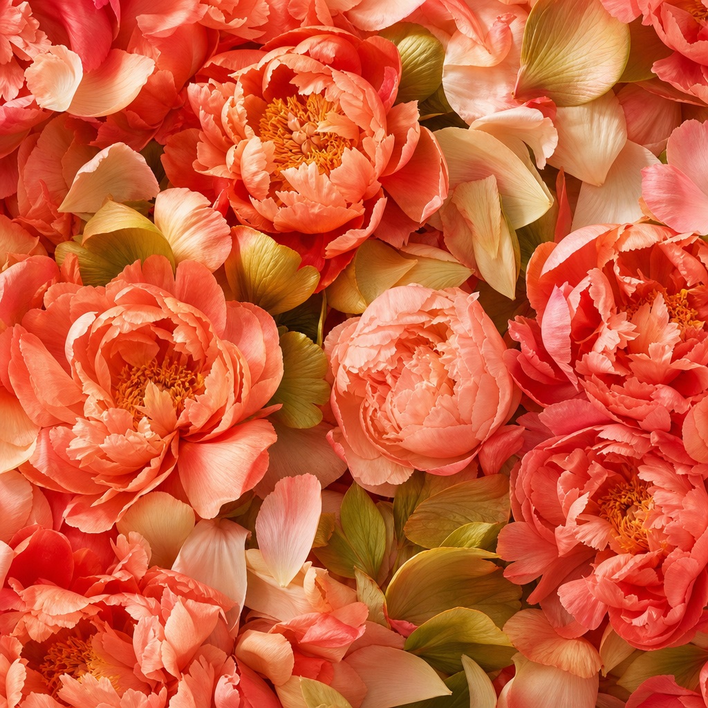 Close-up coral and peach flowers with green leaves forming a floral background