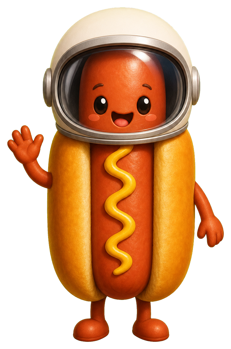 Smiling hot dog character wearing an astronaut helmet and waving.