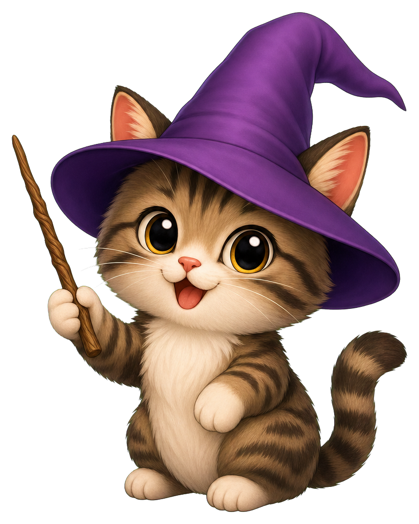 Cute tabby cat wearing a purple wizard hat and holding a wand