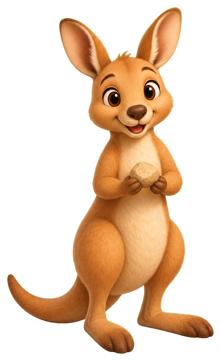 Cute cartoon kangaroo standing upright with large ears and a smiling face.
