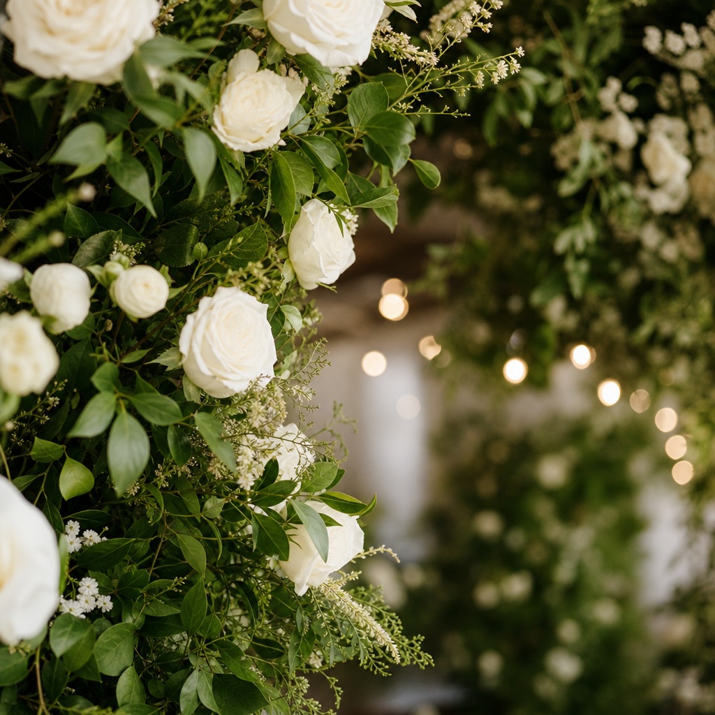 White roses and lush greenery with soft bokeh lights in a square floral background.