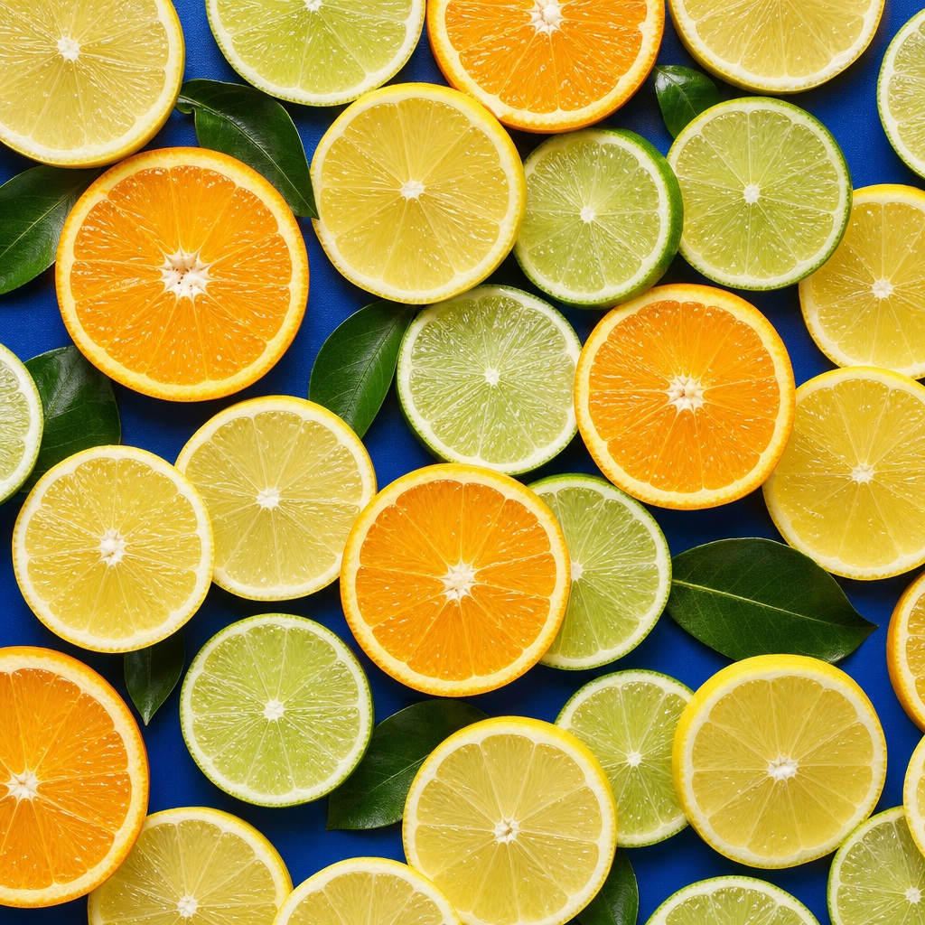 Scattered lemon, lime, and orange slices on a cobalt blue background