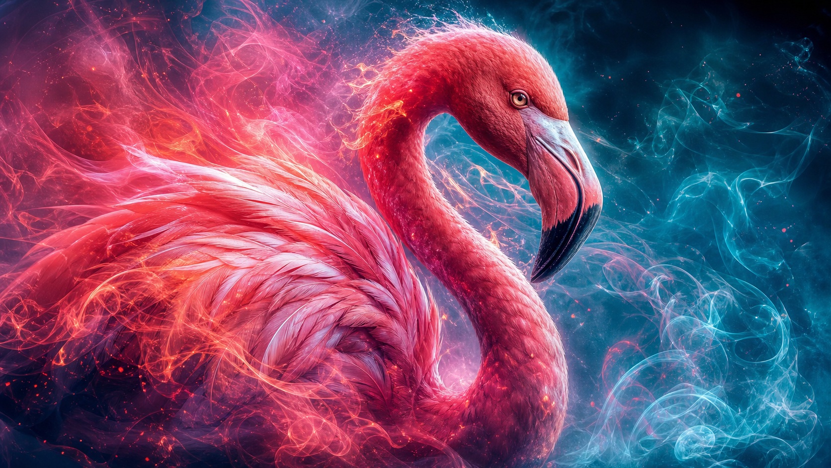 A pink flamingo surrounded by glowing coral and blue smoke on a dark background.