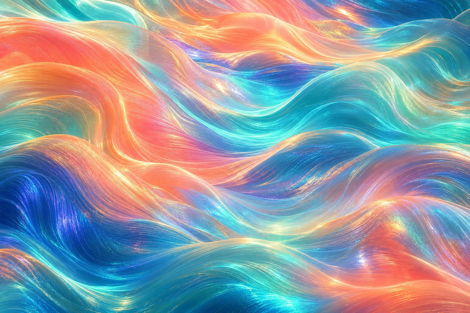 Coral and turquoise iridescent mesh waves forming an abstract digital texture.