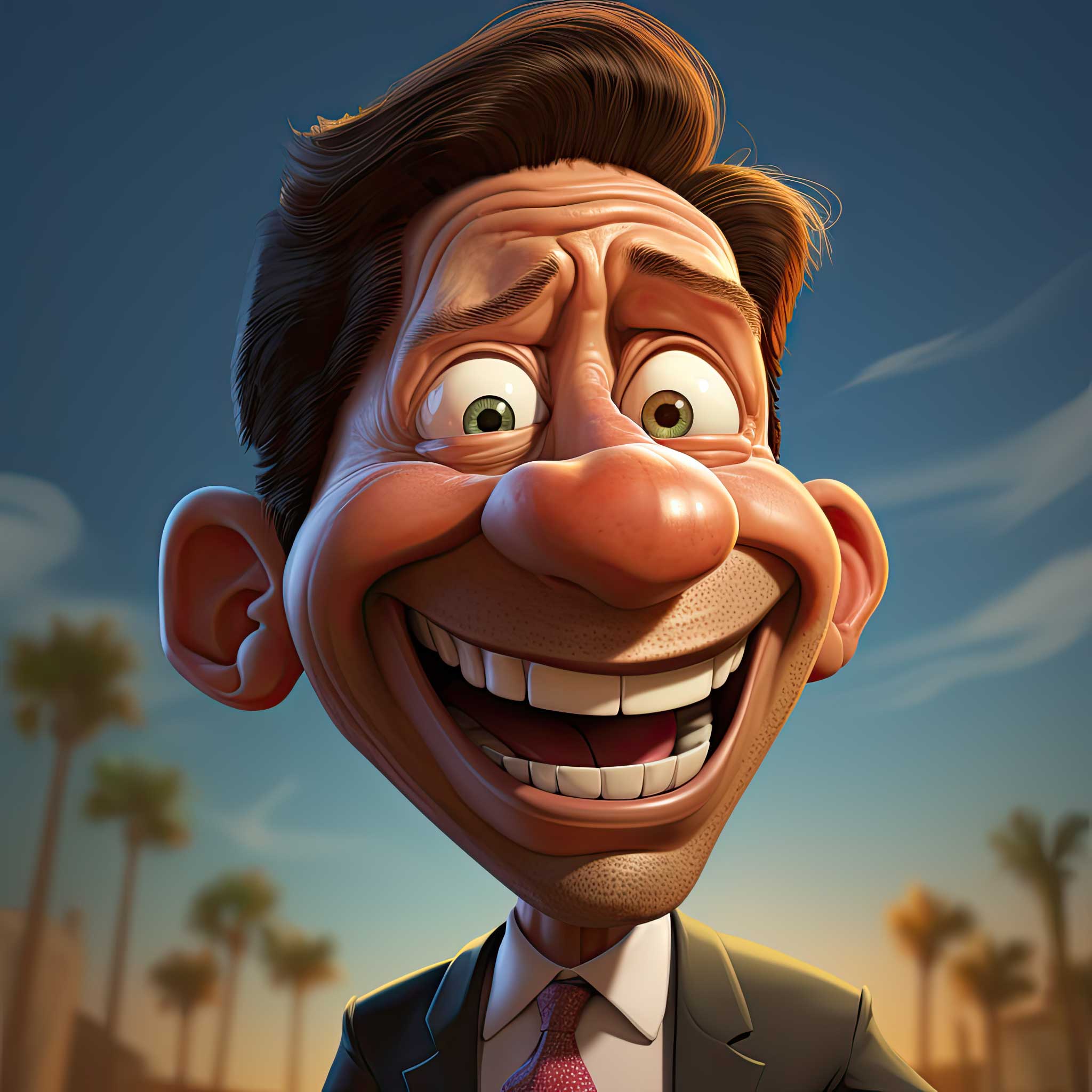Smiling cartoon man in a suit with a big grin against a sunny sky.