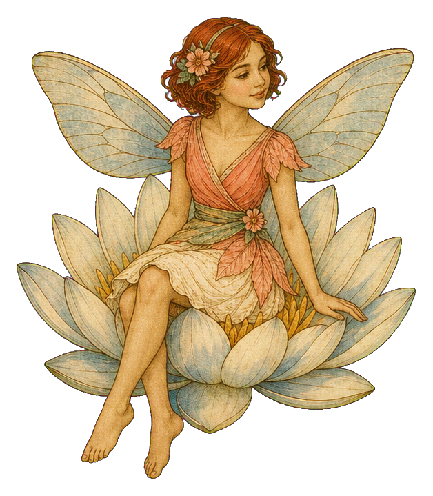 Vintage fairy sitting on a water lily with delicate wings and flowers.