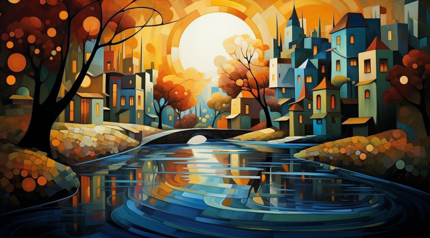 Preview for Sunset Cityscape River Bridge Background