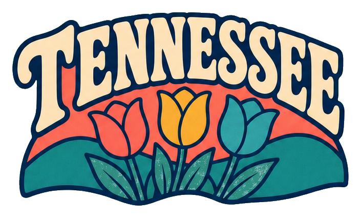 Tennessee word art with a tulip and decorative leaves in a retro style