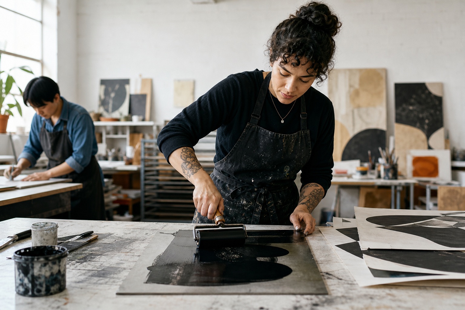 Artist leaning over a printmaking table in a bright studio with prints and tools nearby