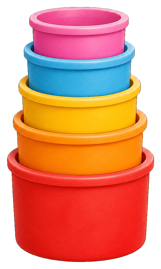 A stack of colorful plastic cups in pink, blue, yellow, orange, and red.