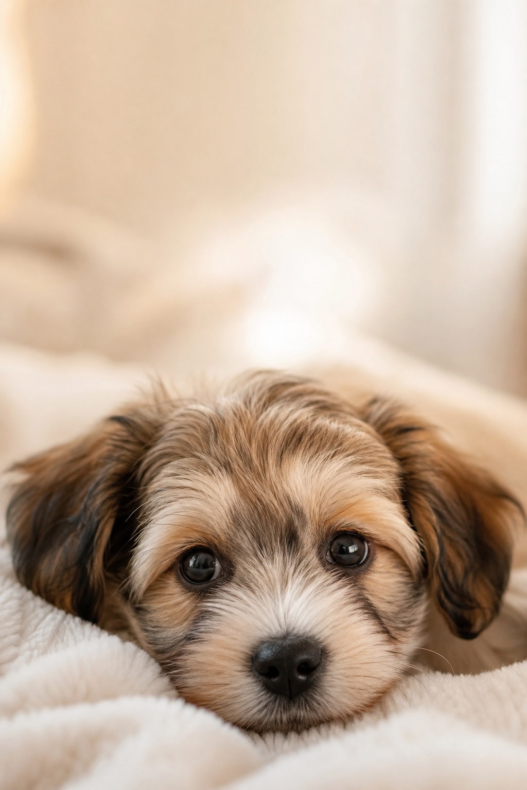 A small brown-and-white puppy resting on a soft cream blanket.