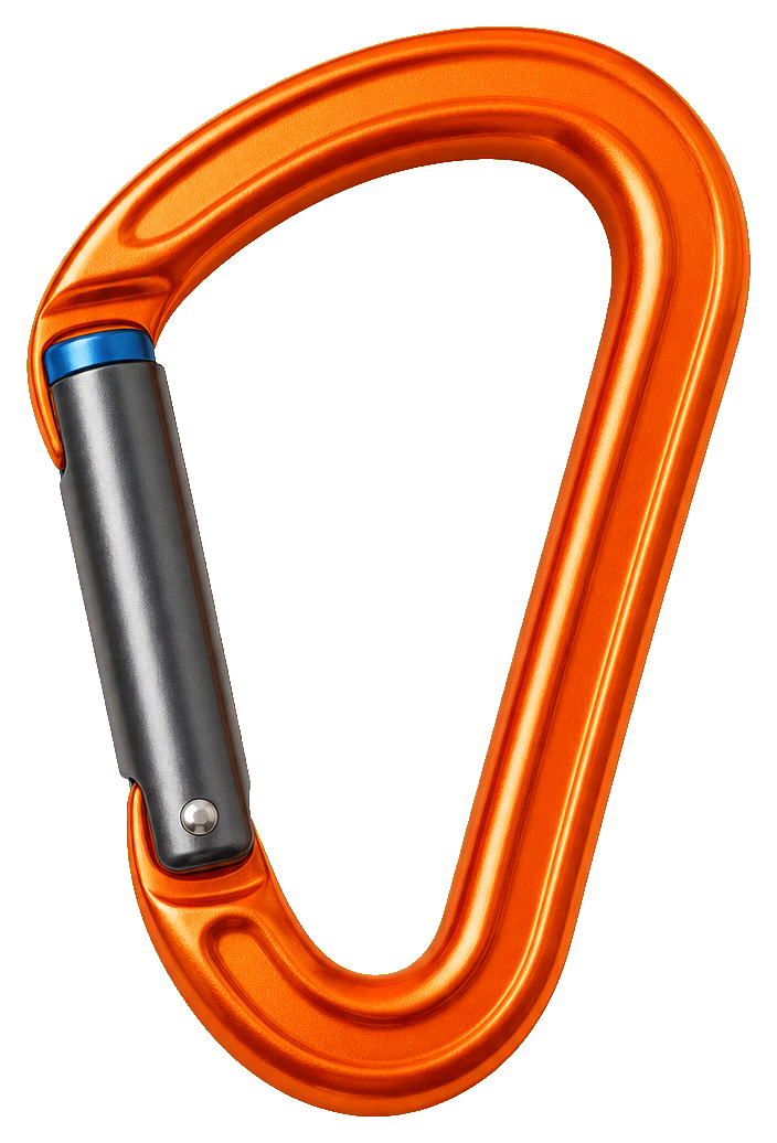 Orange climbing carabiner clip with a black locking gate.