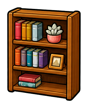 Miniature wooden bookshelf with colorful books, a small plant, and a framed picture