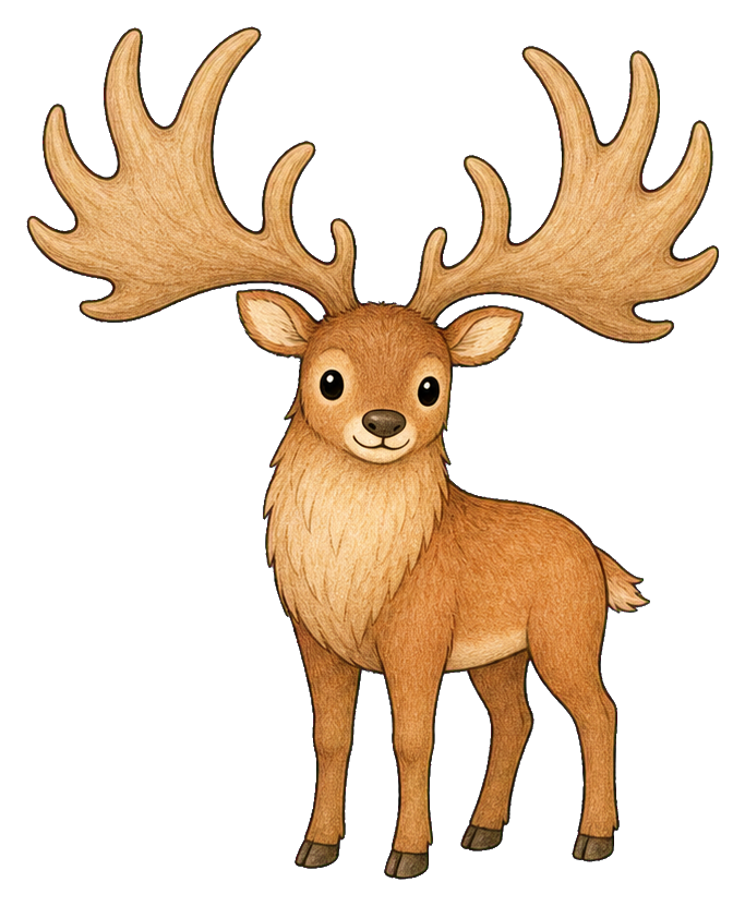 Cute Megaloceros with large antlers in a kawaii sticker style.