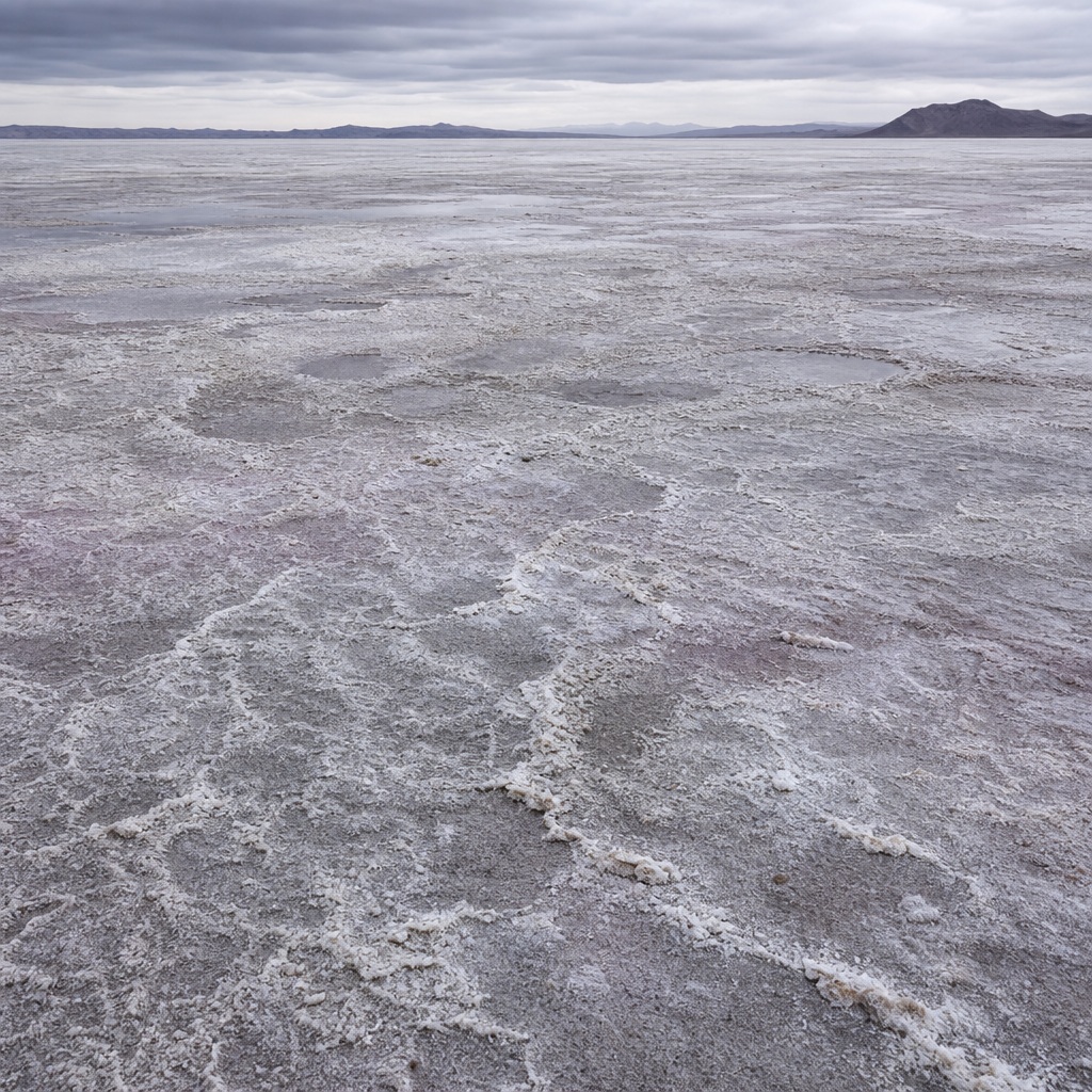 Storm gray salt flat landscape with weathered mineral crust and distant hills