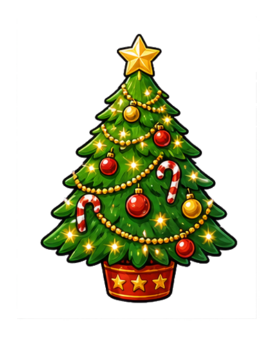 Decorated Christmas tree with star topper, ornaments, garland, and candy canes in a red pot.