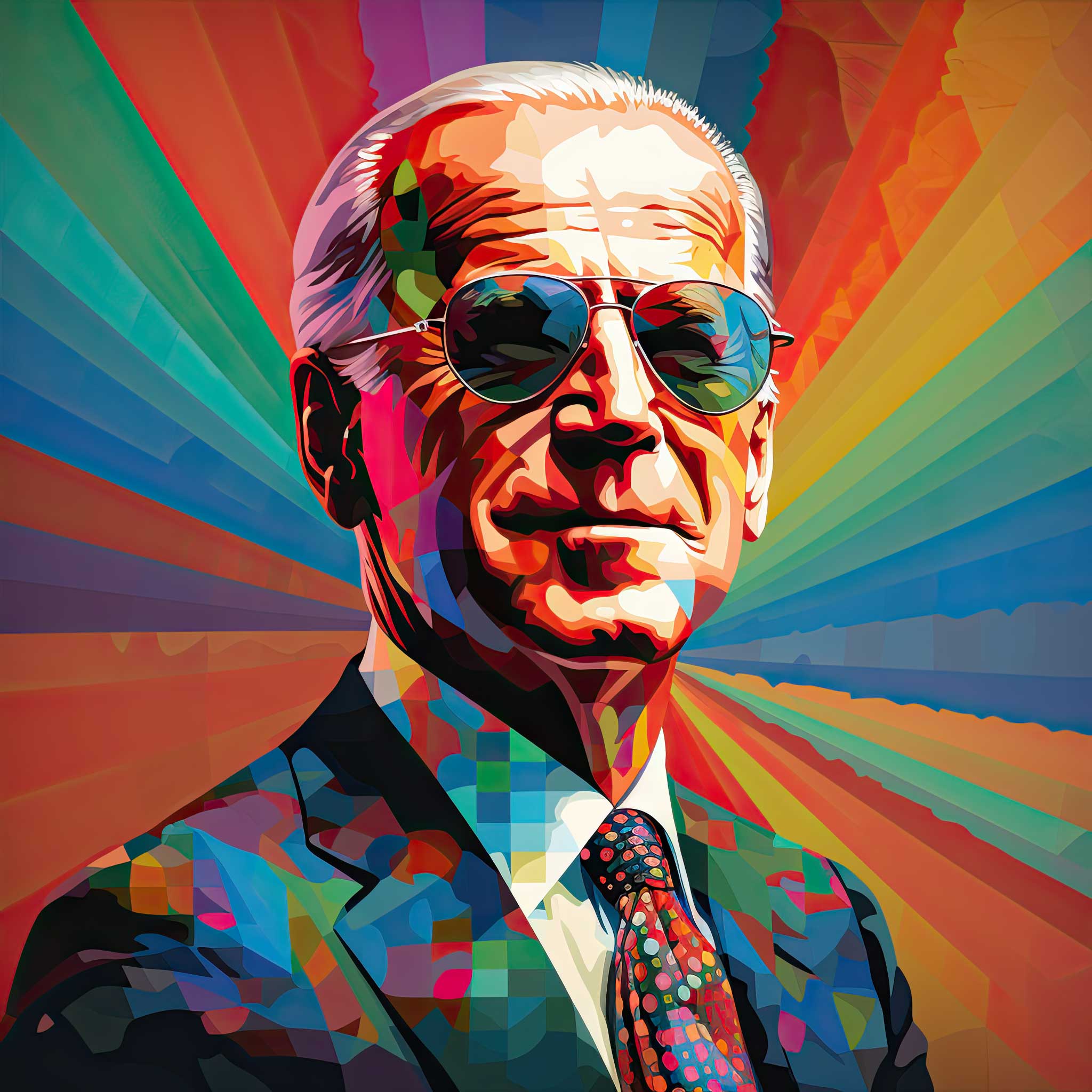 Colorful pop-art portrait of Joe Biden wearing sunglasses and a suit