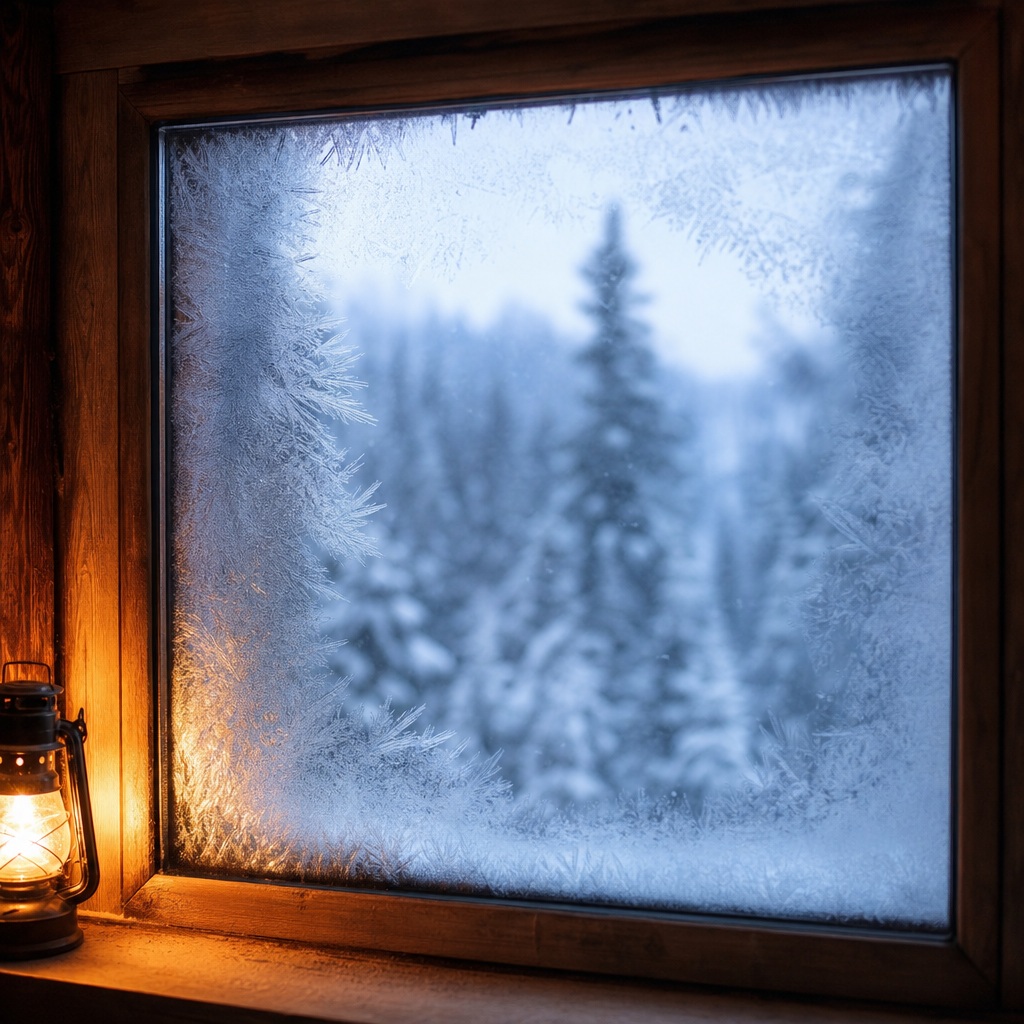 Frosted square cabin window with snowy trees outside and warm lantern light inside