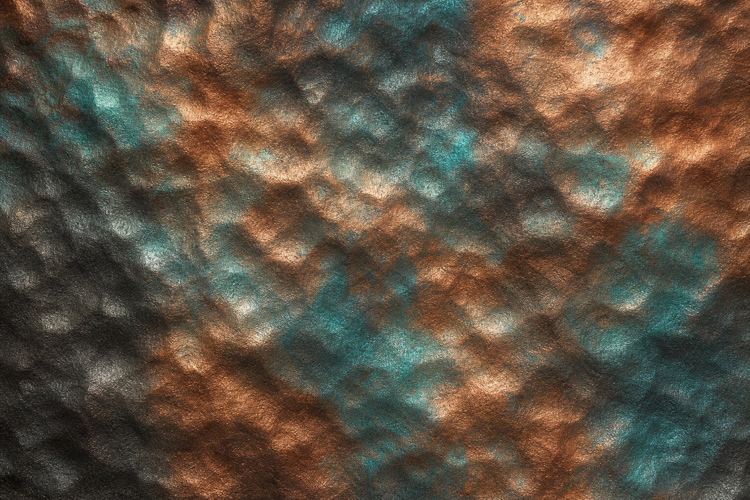 Copper and teal hammered metallic texture with reflective dimples