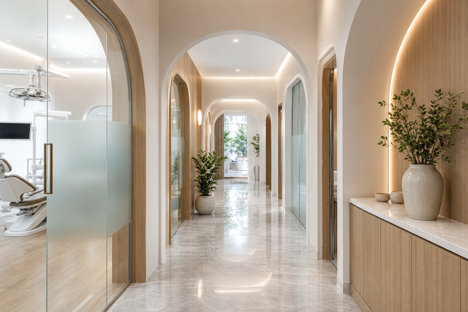 Bright modern dental clinic hallway with arches, glass wall, and potted plant