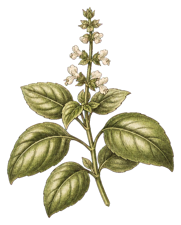 Vintage-style basil sprig with green leaves and small pale blossoms