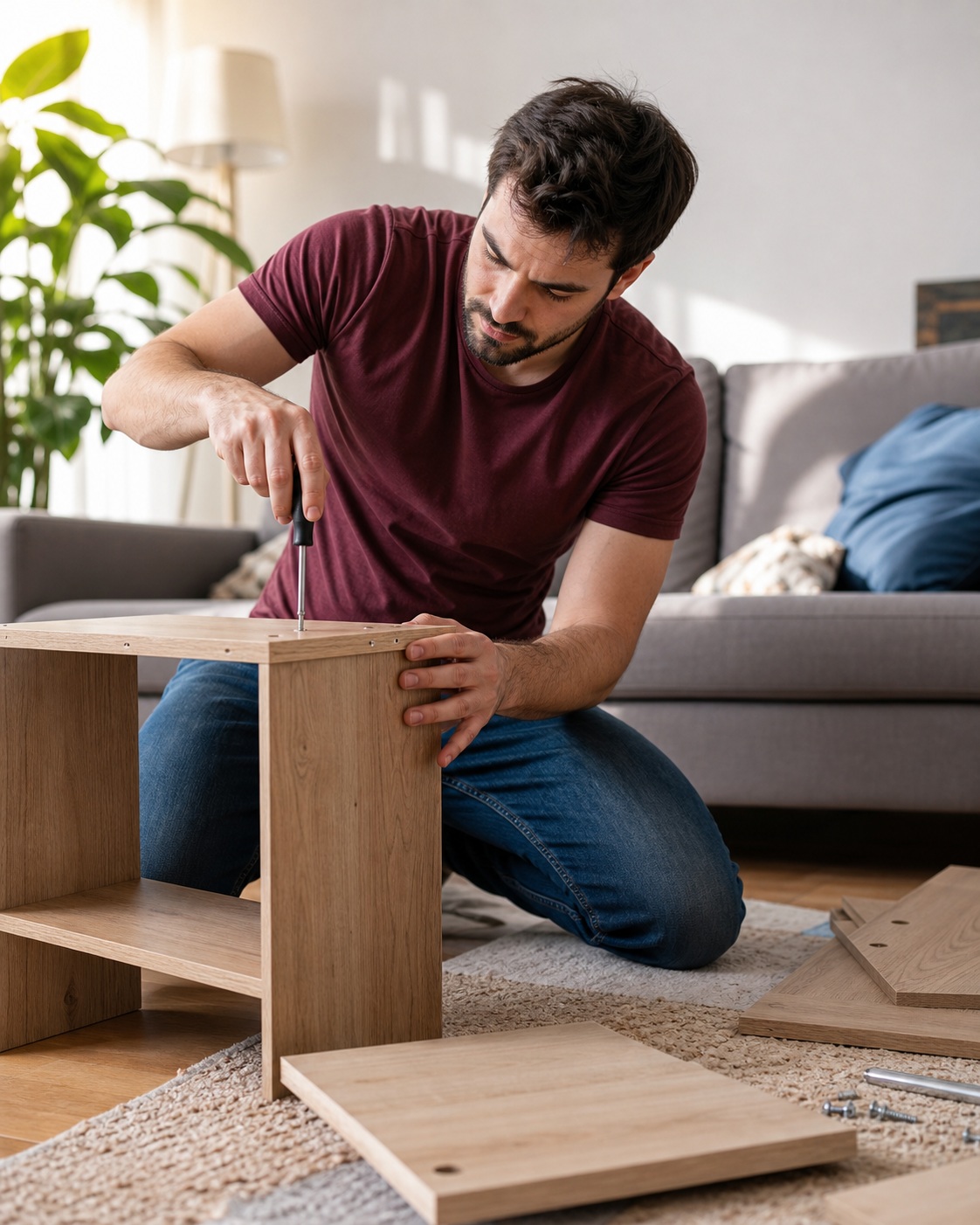 Man kneeling on a carpet assembling a wooden shelf in a living room.