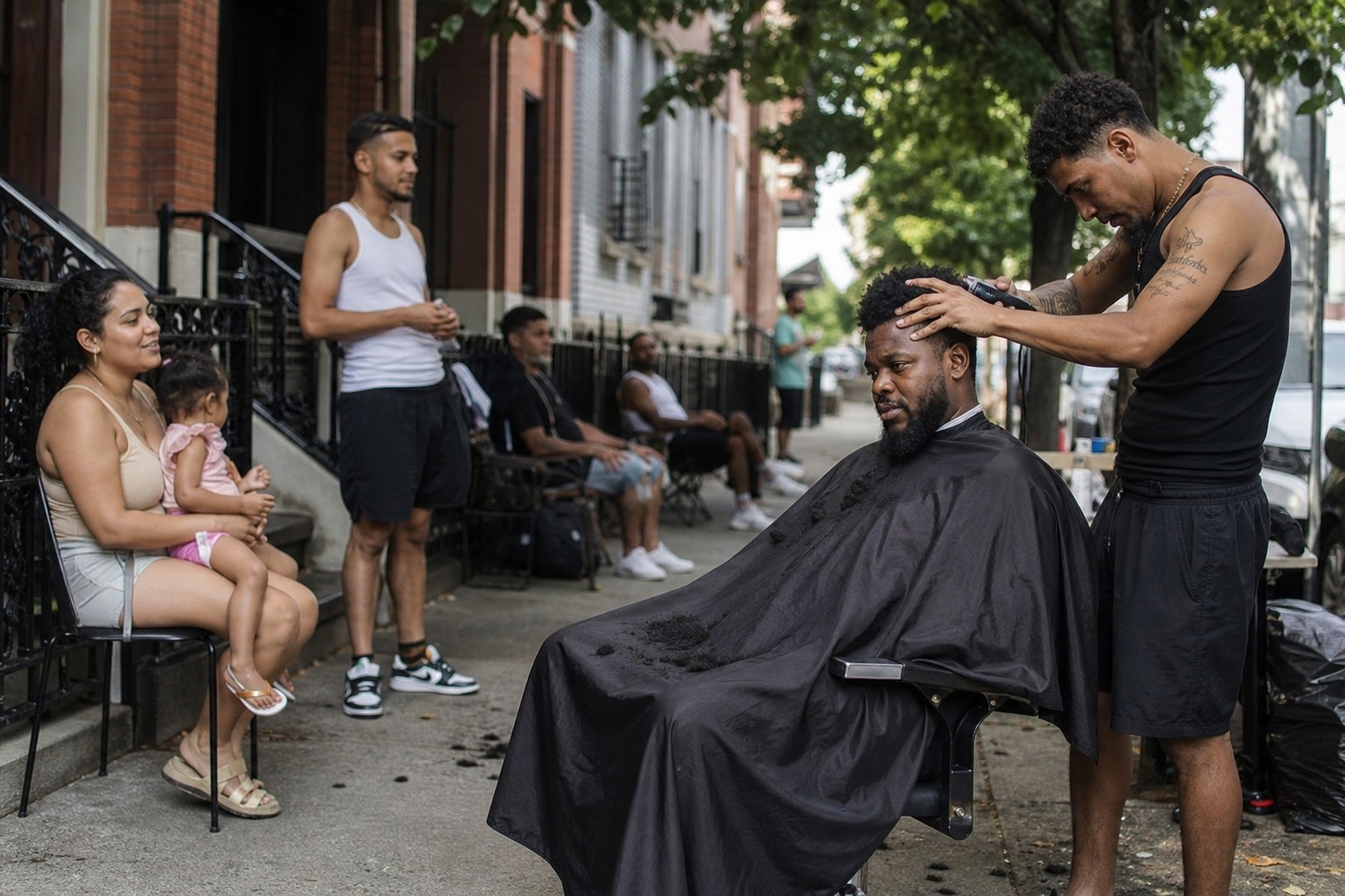 Candid street scene with a barber cutting a man's hair on a sidewalk beside seated neighbors.