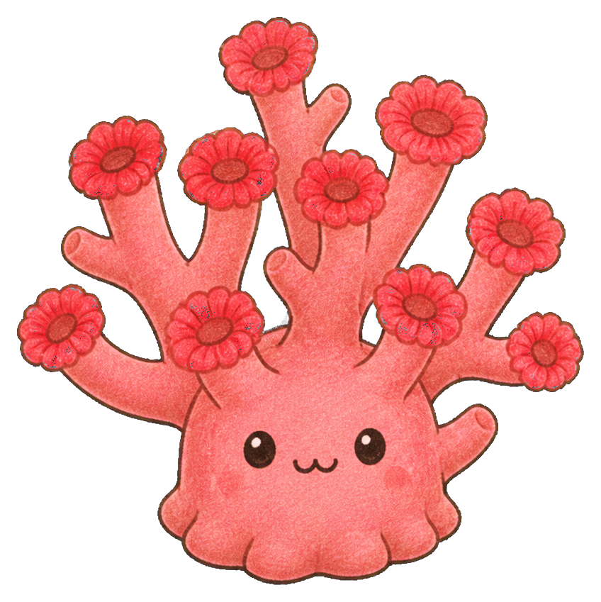 Cute pink-red coral polyp with rounded branches and small smiling face.