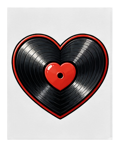 Heart-shaped vinyl record with a red outline and center label on a black background.